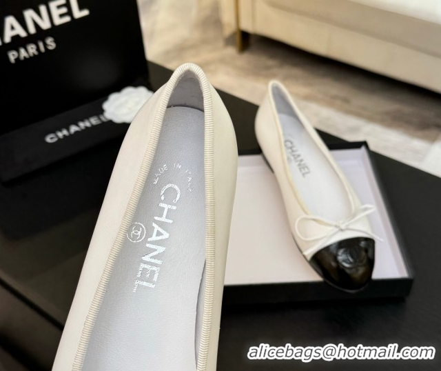 Expensive Chanel Classic Lambskin & Patent Calfskin Ballet Flats with Bow White 0901021