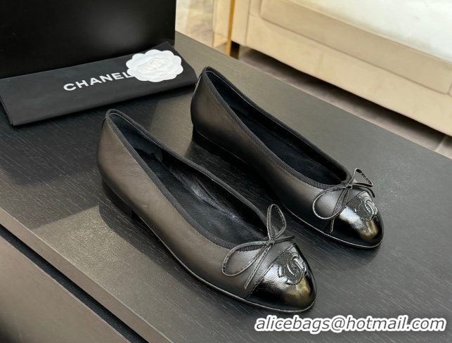 Low Cost Chanel Classic Lambskin & Patent Calfskin Ballet Flats with Bow Black 0901023