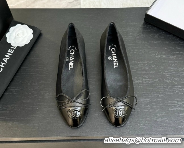 Low Cost Chanel Classic Lambskin & Patent Calfskin Ballet Flats with Bow Black 0901023