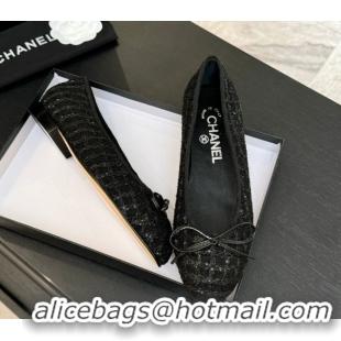 Discount Chanel Classic Tweed & Sequins Ballet Flats with Bow Black 0901024