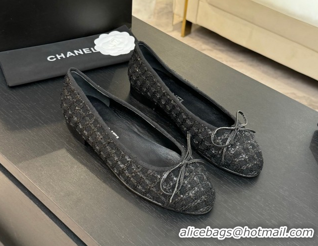 Discount Chanel Classic Tweed & Sequins Ballet Flats with Bow Black 0901024