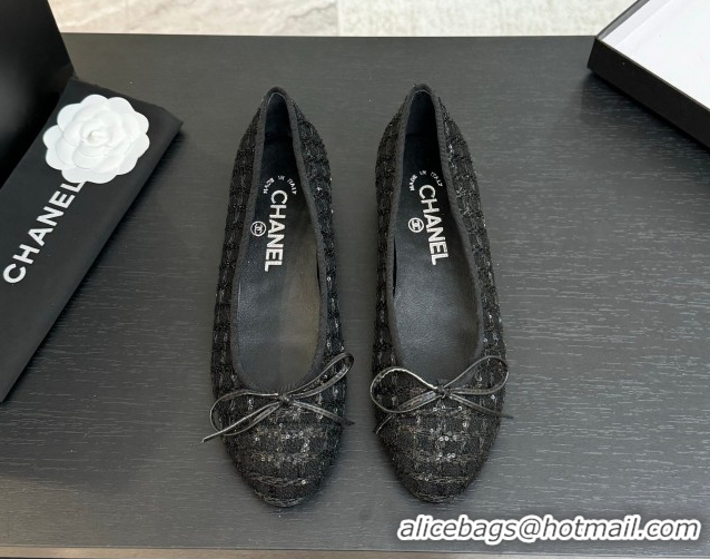 Discount Chanel Classic Tweed & Sequins Ballet Flats with Bow Black 0901024