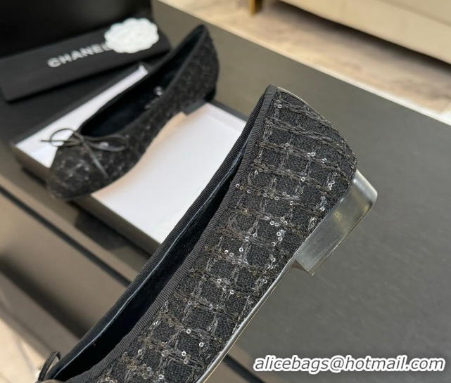 Discount Chanel Classic Tweed & Sequins Ballet Flats with Bow Black 0901024