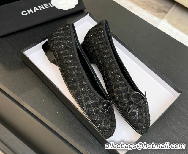 Discount Chanel Classic Tweed & Sequins Ballet Flats with Bow Black 0901024