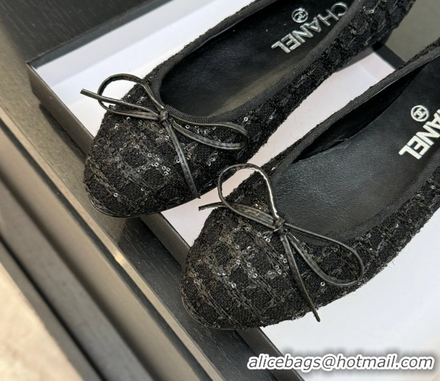 Discount Chanel Classic Tweed & Sequins Ballet Flats with Bow Black 0901024