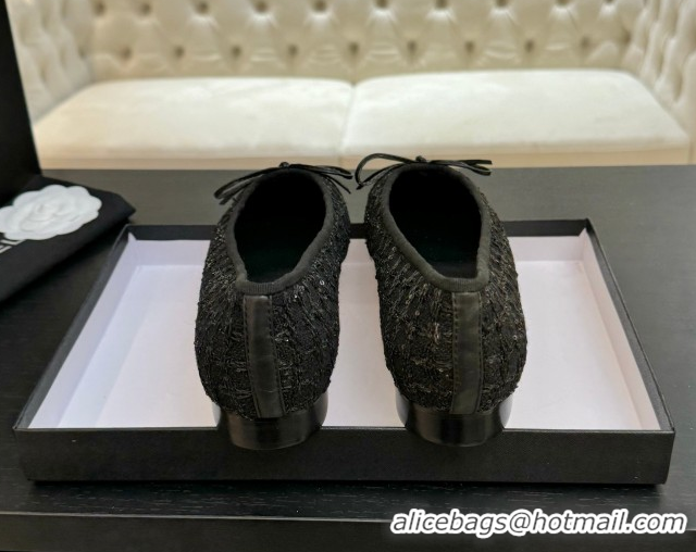 Discount Chanel Classic Tweed & Sequins Ballet Flats with Bow Black 0901024