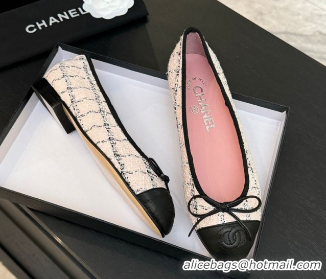 Most Popular Chanel Classic Tweed & Lambskin Leather Ballet Flats with Bow Pink 0901025