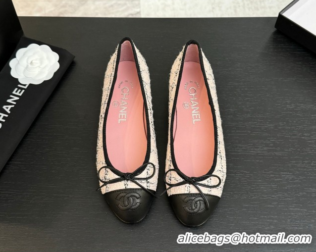Most Popular Chanel Classic Tweed & Lambskin Leather Ballet Flats with Bow Pink 0901025