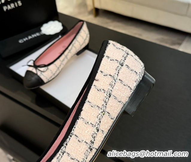 Most Popular Chanel Classic Tweed & Lambskin Leather Ballet Flats with Bow Pink 0901025