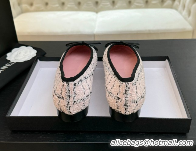 Most Popular Chanel Classic Tweed & Lambskin Leather Ballet Flats with Bow Pink 0901025
