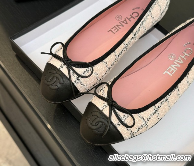 Most Popular Chanel Classic Tweed & Lambskin Leather Ballet Flats with Bow Pink 0901025