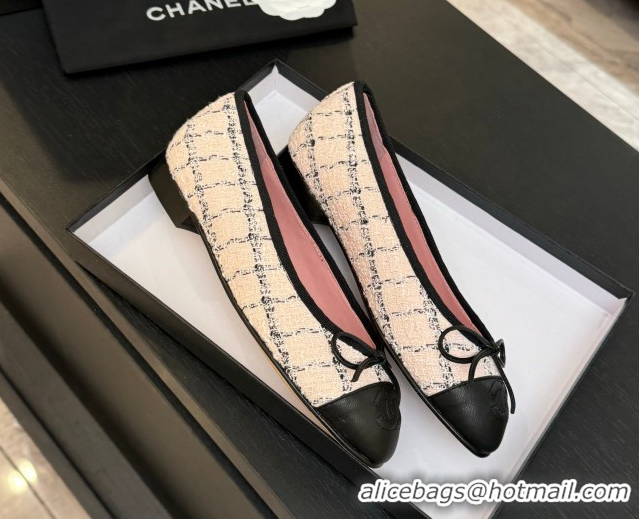 Most Popular Chanel Classic Tweed & Lambskin Leather Ballet Flats with Bow Pink 0901025
