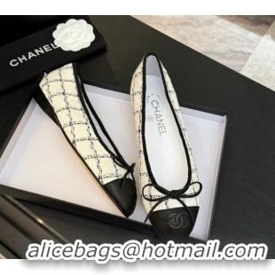 Classic Specials Chanel Classic Tweed & Lambskin Leather Ballet Flats with Bow White 0901026