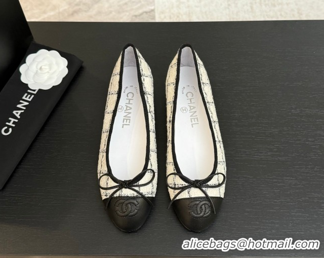 Classic Specials Chanel Classic Tweed & Lambskin Leather Ballet Flats with Bow White 0901026