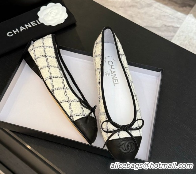 Classic Specials Chanel Classic Tweed & Lambskin Leather Ballet Flats with Bow White 0901026