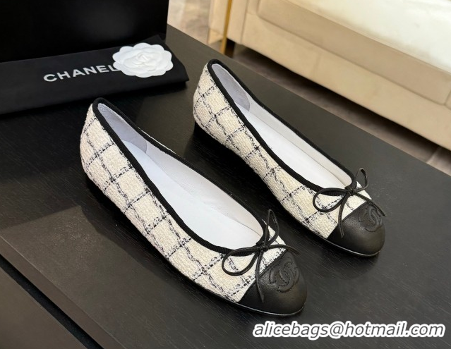 Classic Specials Chanel Classic Tweed & Lambskin Leather Ballet Flats with Bow White 0901026