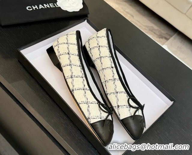 Classic Specials Chanel Classic Tweed & Lambskin Leather Ballet Flats with Bow White 0901026
