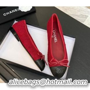 Cheap Price Chanel Classic Tweed & Lambskin Leather Ballet Flats with Bow Red 0901027