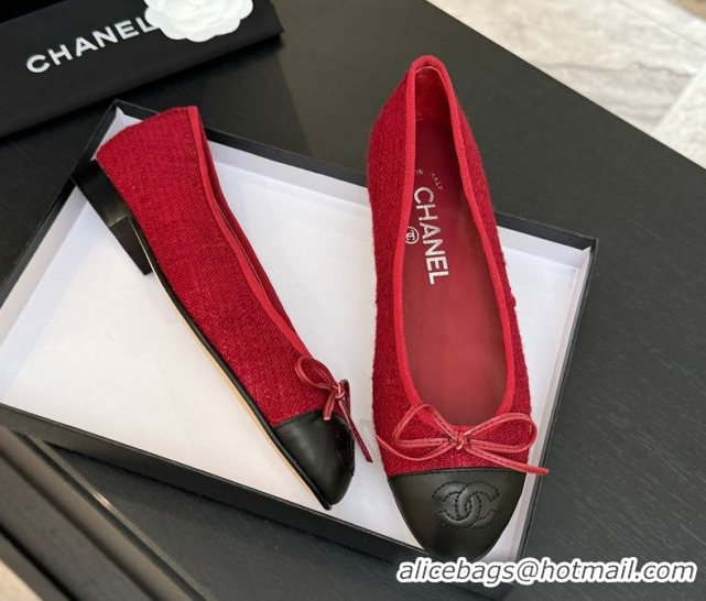 Cheap Price Chanel Classic Tweed & Lambskin Leather Ballet Flats with Bow Red 0901027