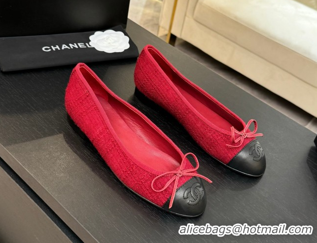 Cheap Price Chanel Classic Tweed & Lambskin Leather Ballet Flats with Bow Red 0901027