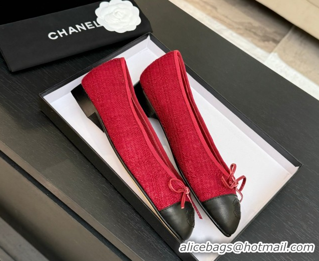 Cheap Price Chanel Classic Tweed & Lambskin Leather Ballet Flats with Bow Red 0901027