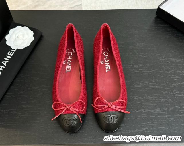 Cheap Price Chanel Classic Tweed & Lambskin Leather Ballet Flats with Bow Red 0901027