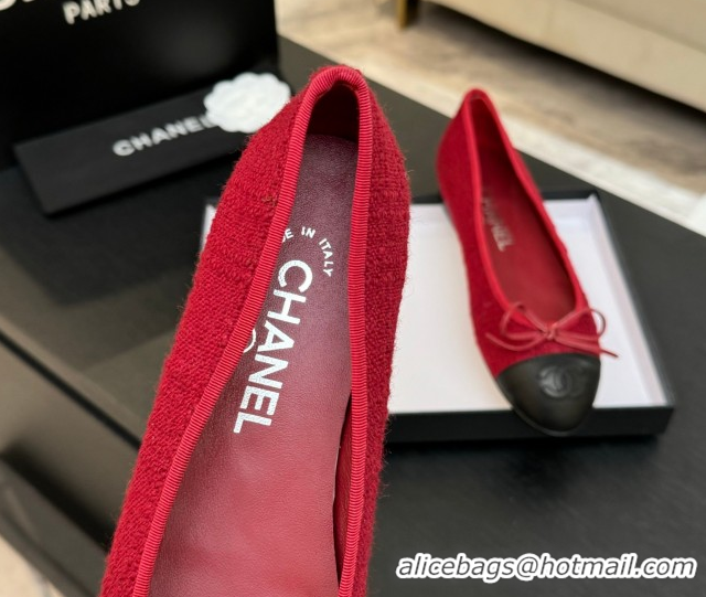 Cheap Price Chanel Classic Tweed & Lambskin Leather Ballet Flats with Bow Red 0901027