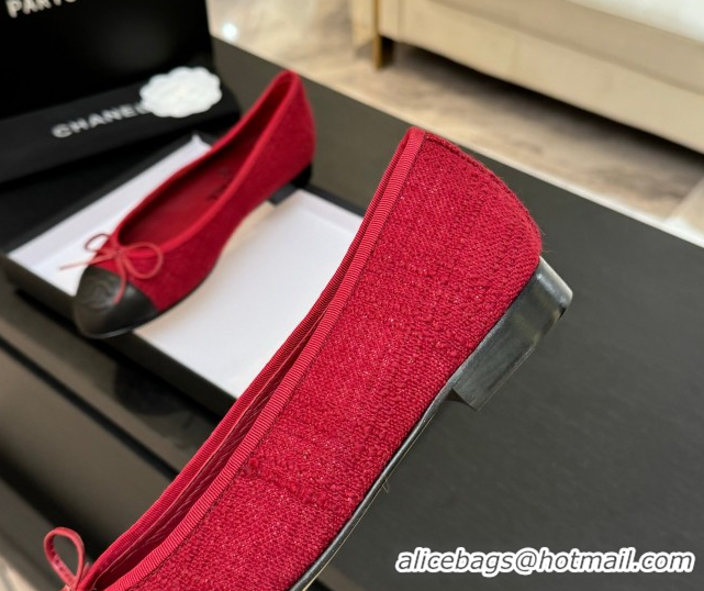 Cheap Price Chanel Classic Tweed & Lambskin Leather Ballet Flats with Bow Red 0901027