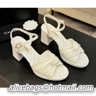 Comfortable Chanel Knot Lambskin Leather Heel Sandals White 2025 CH090101