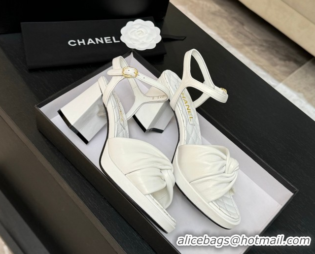 Comfortable Chanel Knot Lambskin Leather Heel Sandals White 2025 CH090101