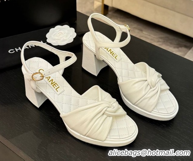 Comfortable Chanel Knot Lambskin Leather Heel Sandals White 2025 CH090101