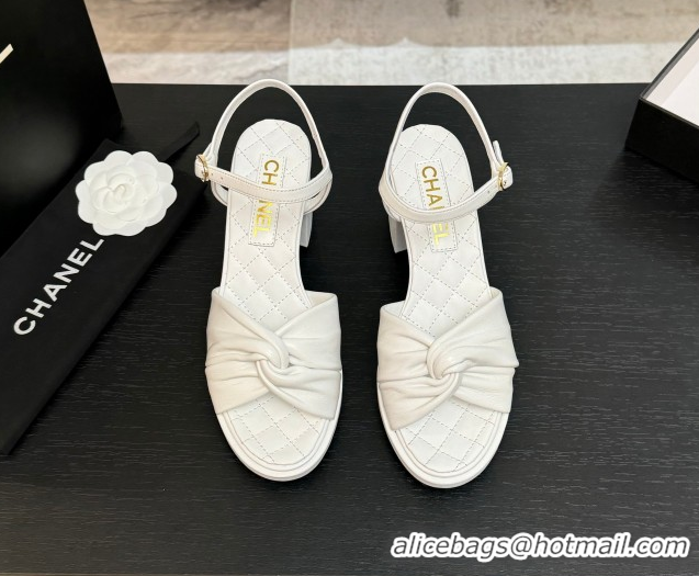 Comfortable Chanel Knot Lambskin Leather Heel Sandals White 2025 CH090101