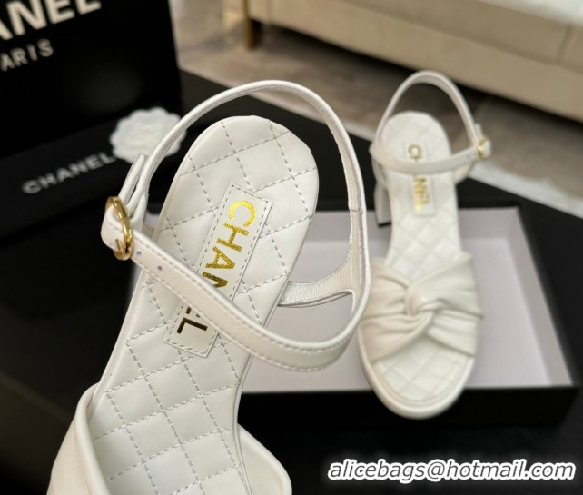Comfortable Chanel Knot Lambskin Leather Heel Sandals White 2025 CH090101