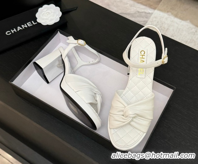 Comfortable Chanel Knot Lambskin Leather Heel Sandals White 2025 CH090101