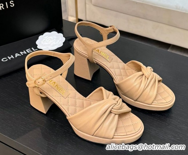 Shop Duplicate Chanel Knot Lambskin Leather Heel Sandals Beige 2025 CH090101