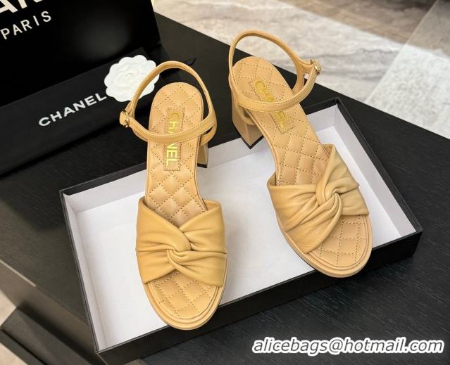 Shop Duplicate Chanel Knot Lambskin Leather Heel Sandals Beige 2025 CH090101