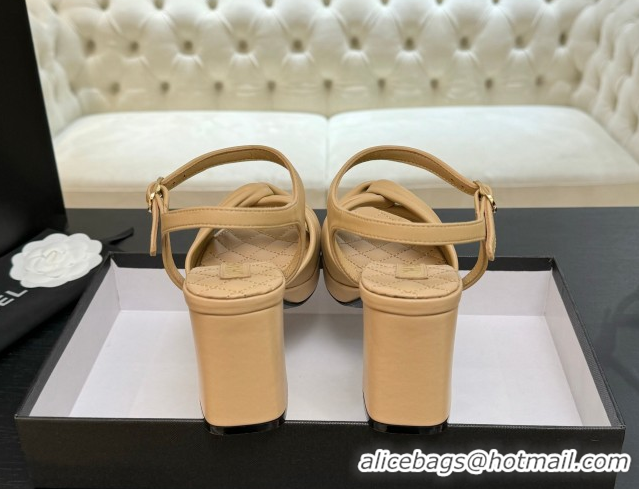 Shop Duplicate Chanel Knot Lambskin Leather Heel Sandals Beige 2025 CH090101
