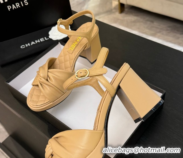 Shop Duplicate Chanel Knot Lambskin Leather Heel Sandals Beige 2025 CH090101