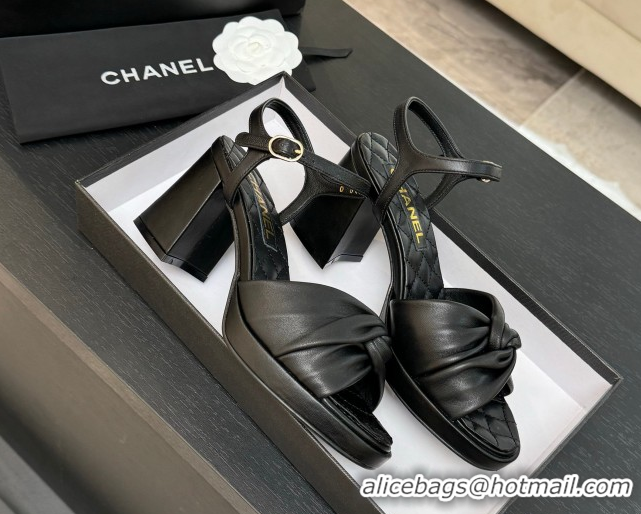 Good Product Chanel Knot Lambskin Leather Heel Sandals Black 2025 CH090101