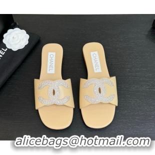 Popular Style Chanel Calfskin Leather Flat Slides Sandal Beige 2025 CH090102