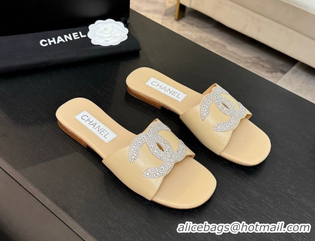 Popular Style Chanel Calfskin Leather Flat Slides Sandal Beige 2025 CH090102