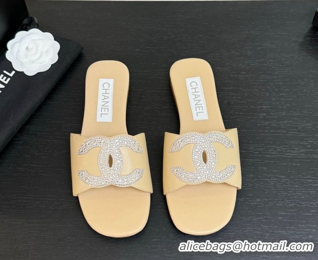 Popular Style Chanel Calfskin Leather Flat Slides Sandal Beige 2025 CH090102