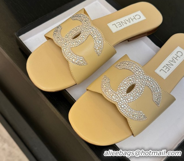Popular Style Chanel Calfskin Leather Flat Slides Sandal Beige 2025 CH090102