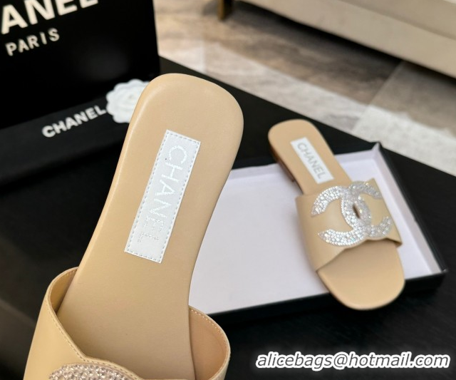 Popular Style Chanel Calfskin Leather Flat Slides Sandal Beige 2025 CH090102