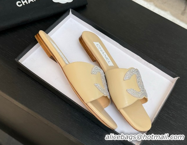 Popular Style Chanel Calfskin Leather Flat Slides Sandal Beige 2025 CH090102