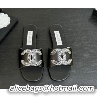 Good Quality Chanel Calfskin Leather Flat Slides Sandal Black 2025 CH090102