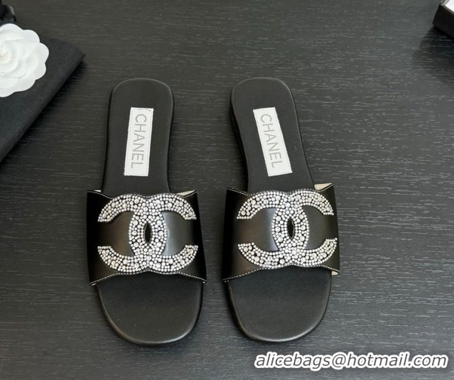Good Quality Chanel Calfskin Leather Flat Slides Sandal Black 2025 CH090102