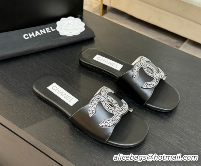 Good Quality Chanel Calfskin Leather Flat Slides Sandal Black 2025 CH090102