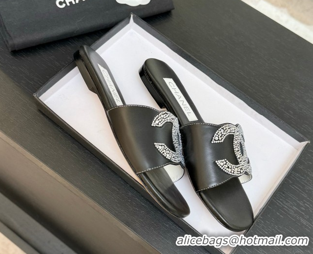 Good Quality Chanel Calfskin Leather Flat Slides Sandal Black 2025 CH090102