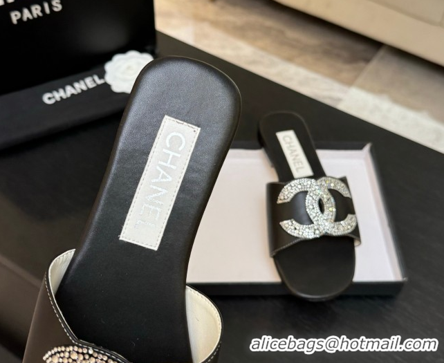 Good Quality Chanel Calfskin Leather Flat Slides Sandal Black 2025 CH090102